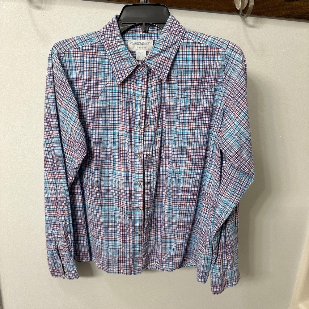 Women's Wrangler Blues Long Sleeve Button Down Plaid Shirt Size L GUC